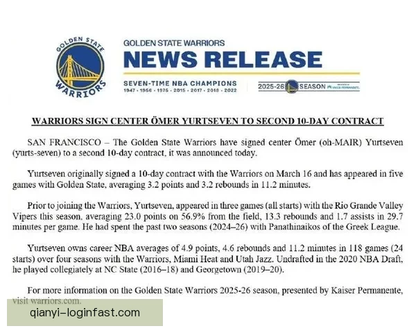 勇士队与尤尔特塞文续签第二份十天短约继续争取上场机会